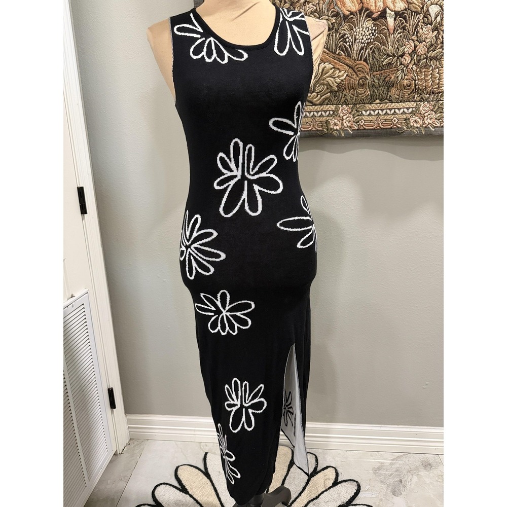 Dress Womens Small Black Floral Knit Sleeveless Bodycon Maxi Backless Slit